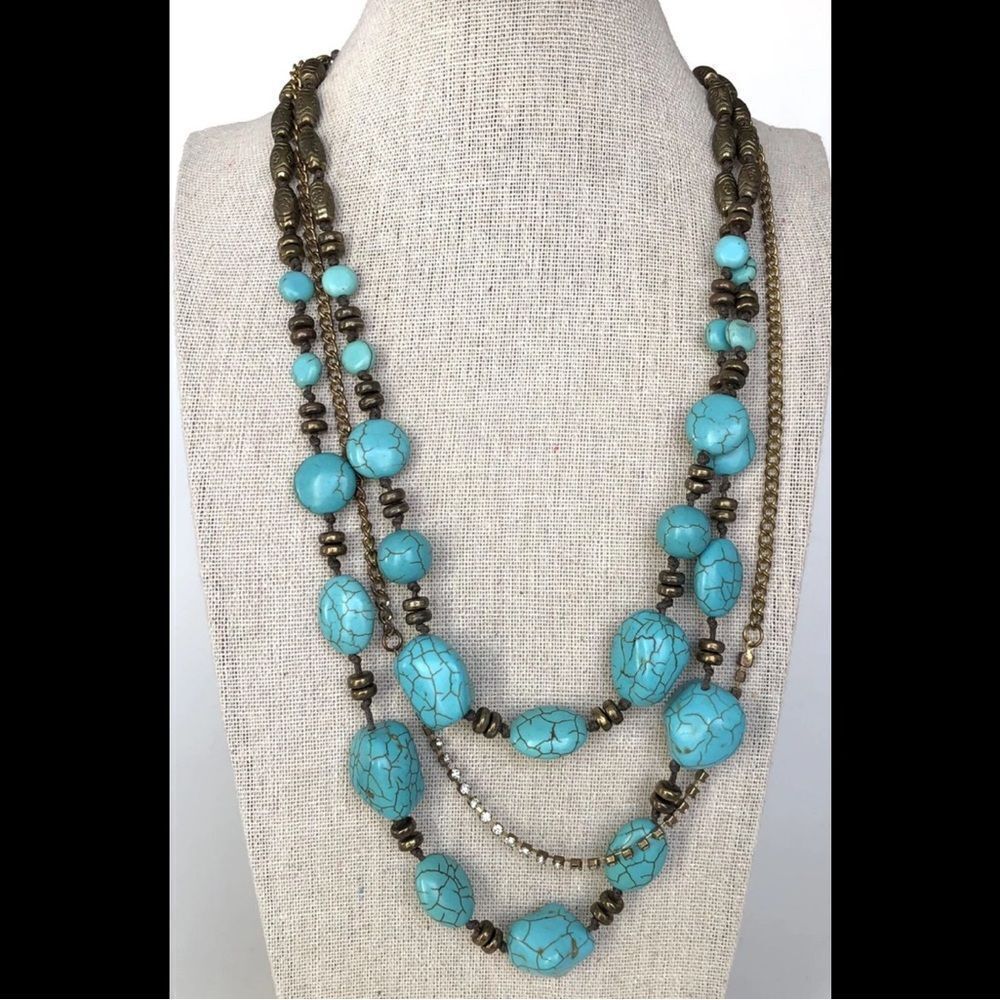 Vintage and Rare Turquoise Howlite and Bronze Layered Necklace